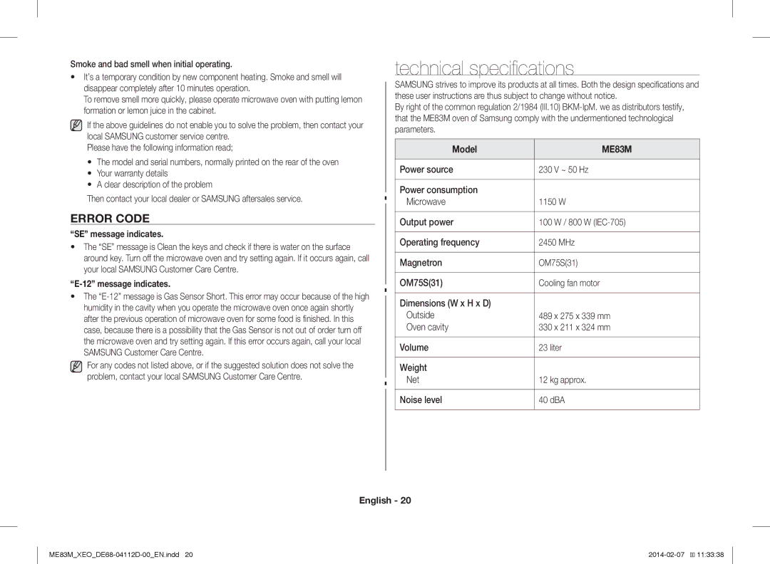 Samsung ME83M/XEO Technical specifications, Error Code, Smoke and bad smell when initial operating, SE message indicates 