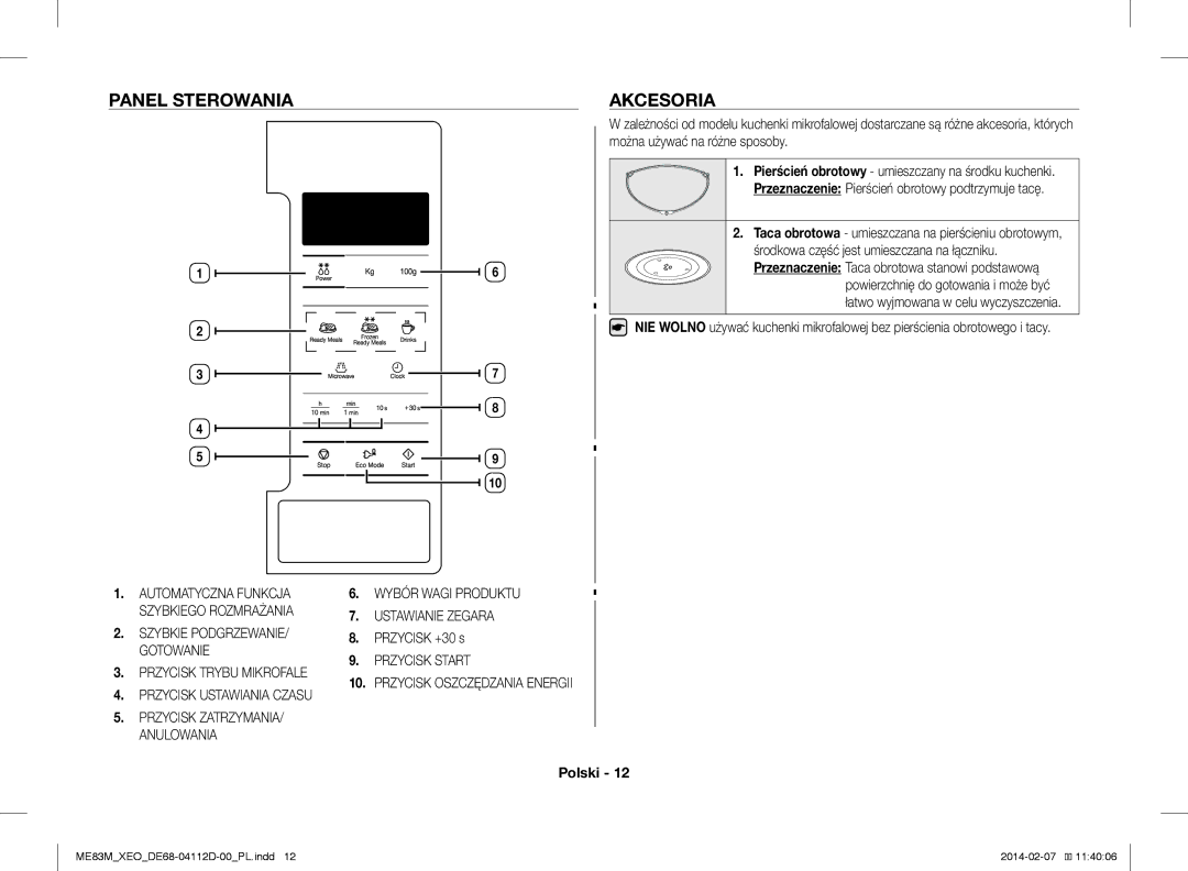 Samsung ME83M/XEO manual Panel Sterowania Akcesoria, Taca obrotowa umieszczana na pierścieniu obrotowym, Przycisk +30 s 