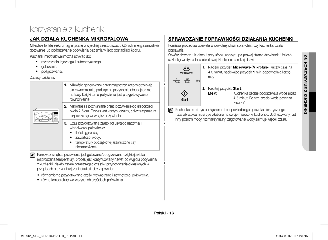 Samsung ME83M/XEO Korzystanie z kuchenki, JAK Działa Kuchenka Mikrofalowa, Sprawdzanie Poprawności Działania Kuchenki 