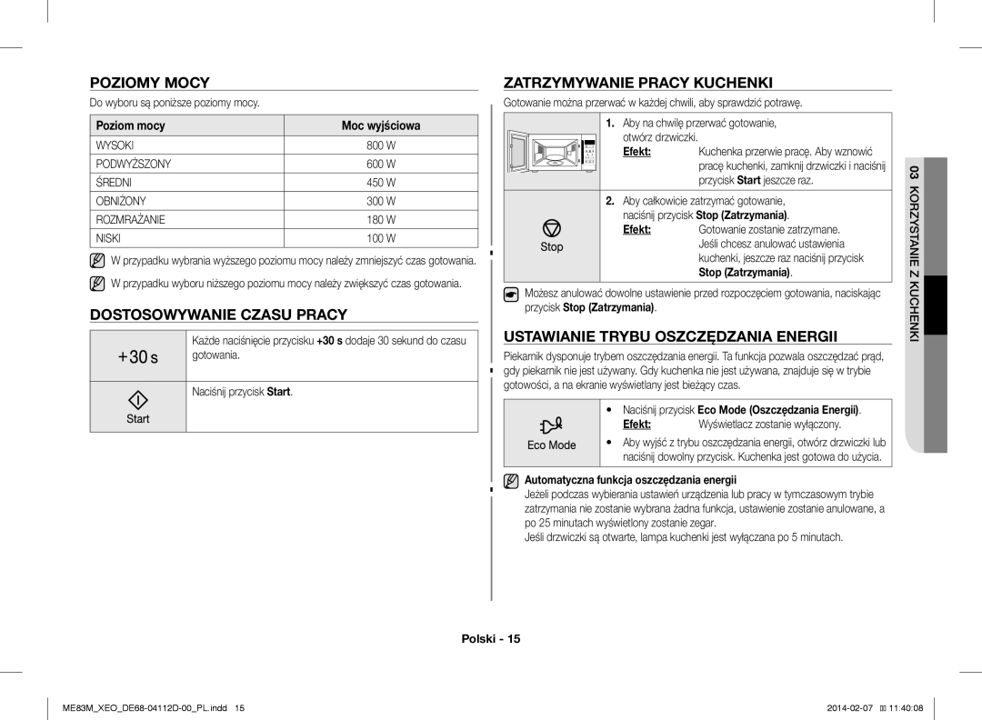 Samsung ME83M/XEO manual Poziomy Mocy, Zatrzymywanie Pracy Kuchenki, Dostosowywanie Czasu Pracy 