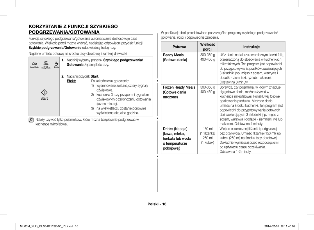 Samsung ME83M/XEO manual Korzystanie Z Funkcji Szybkiego PODGRZEWANIA/GOTOWANIA, Potrawa, Instrukcje 