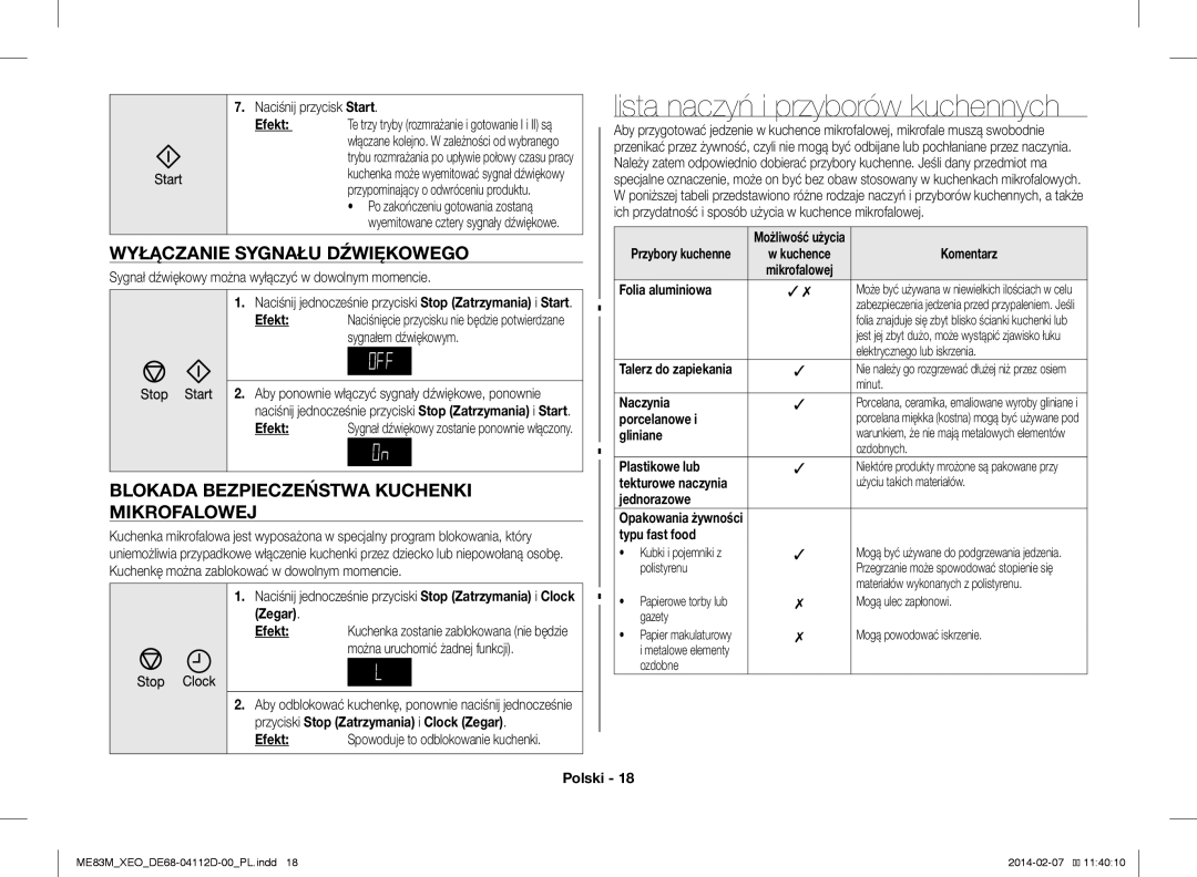 Samsung ME83M/XEO manual Lista naczyń i przyborów kuchennych, Wyłączanie Sygnału Dźwiękowego 