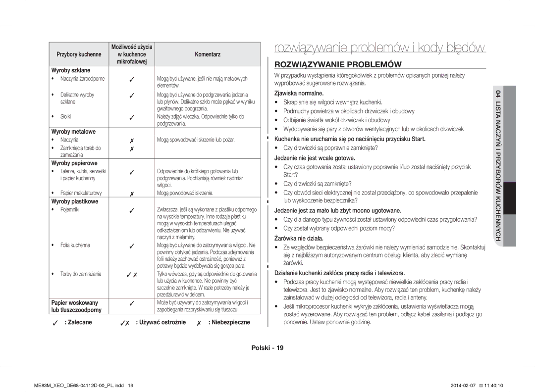 Samsung ME83M/XEO manual Rozwiązywanie Problemów, Wyroby szklane, Zalecane, Niebezpieczne 