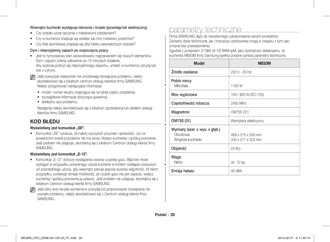 Samsung ME83M/XEO Parametry techniczne, KOD Błędu, Wyświetlany jest komunikat „SE, Wyświetlany jest komunikat „E-12, Model 