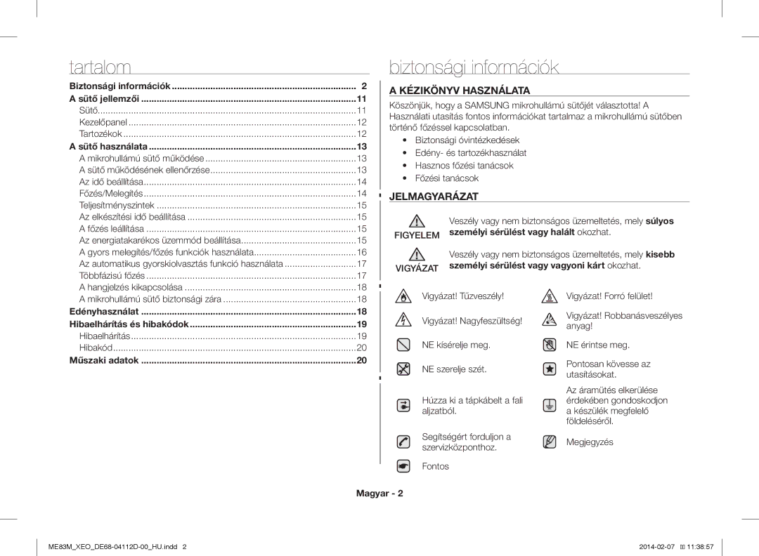 Samsung ME83M/XEO manual Biztonsági információk, Figyelem személyi sérülést vagy halált okozhat, Magyar 