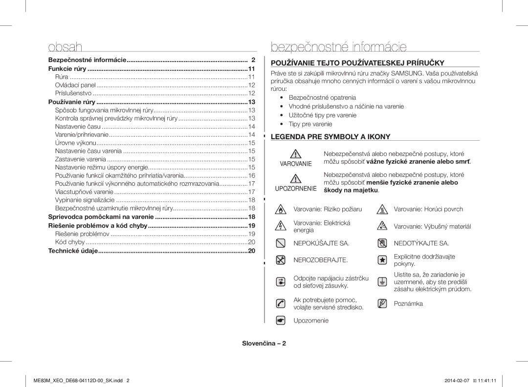 Samsung ME83M/XEO manual Bezpečnostné informácie, Slovenčina 