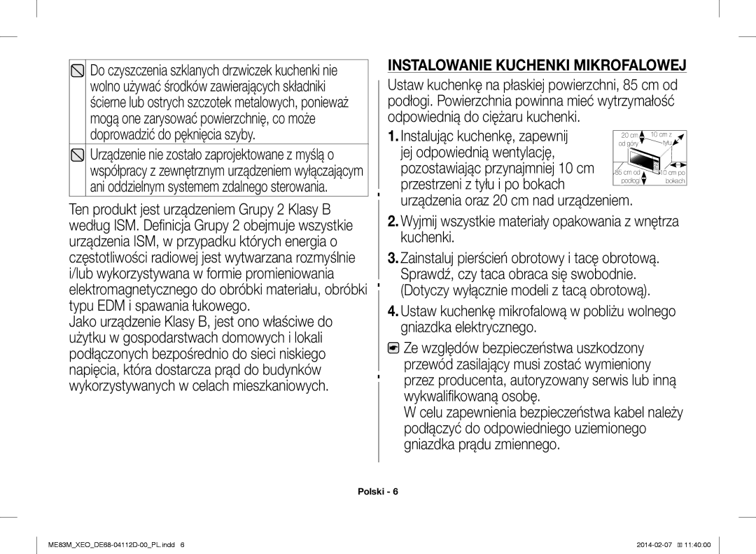 Samsung ME83M/XEO manual Instalowanie Kuchenki Mikrofalowej, Instalując kuchenkę, zapewnij, Jej odpowiednią wentylację 