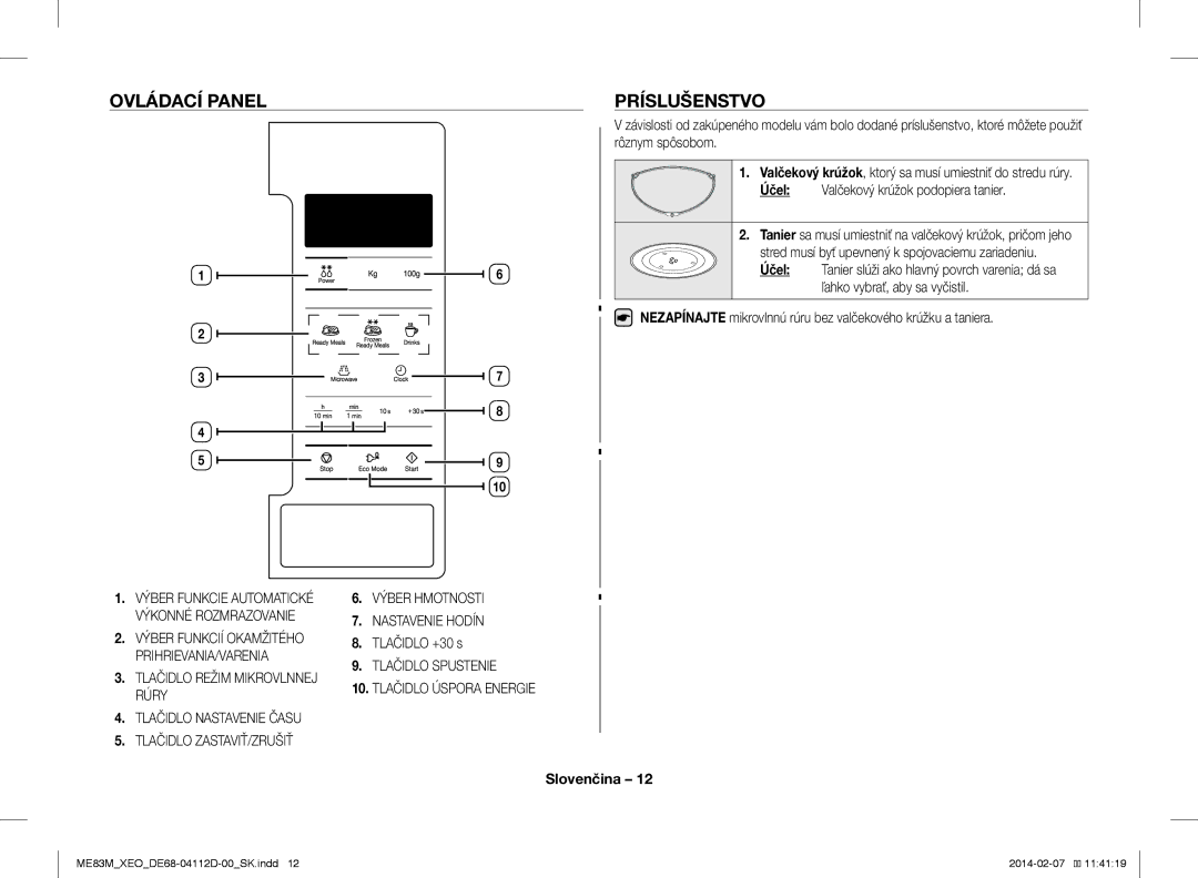 Samsung ME83M/XEO manual Ovládací Panel Príslušenstvo, Tlačidlo +30 s 