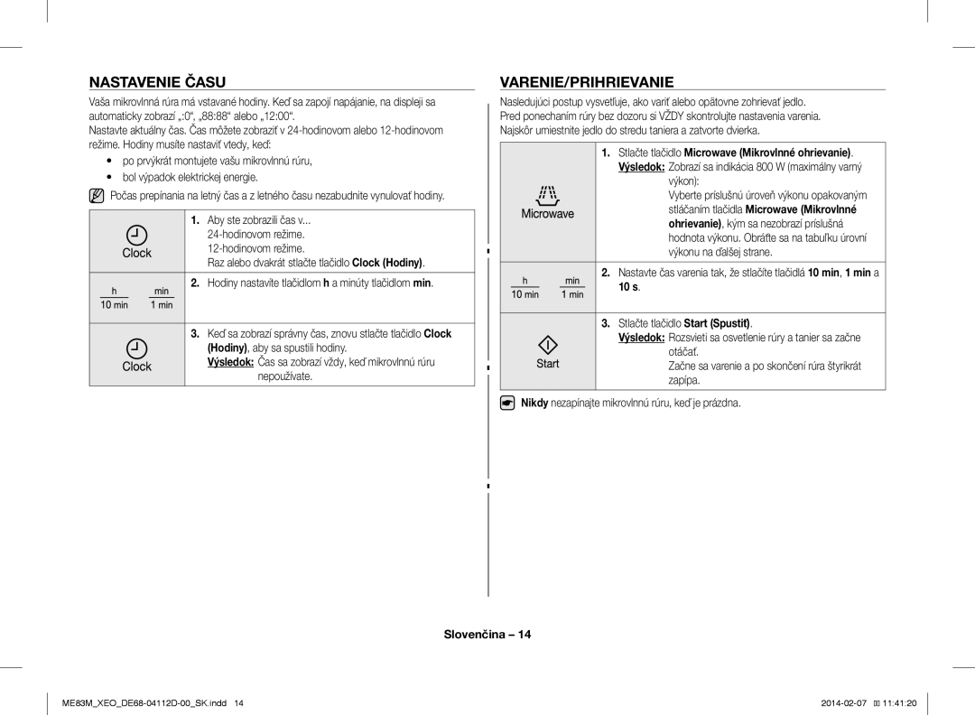 Samsung ME83M/XEO manual Nastavenie Času, Varenie/Prihrievanie, Výkon, 10 s 