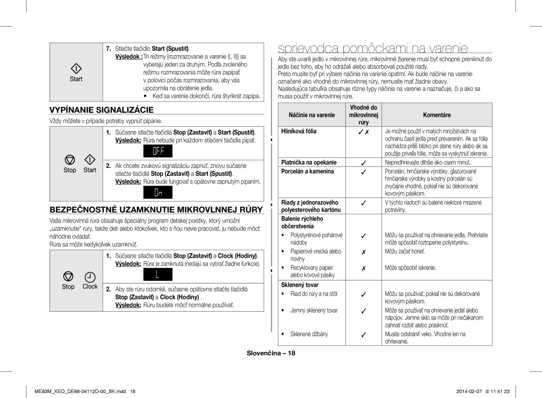 Samsung ME83M/XEO manual Sprievodca pomôckami na varenie, Vypínanie Signalizácie, Bezpečnostné Uzamknutie Mikrovlnnej Rúry 