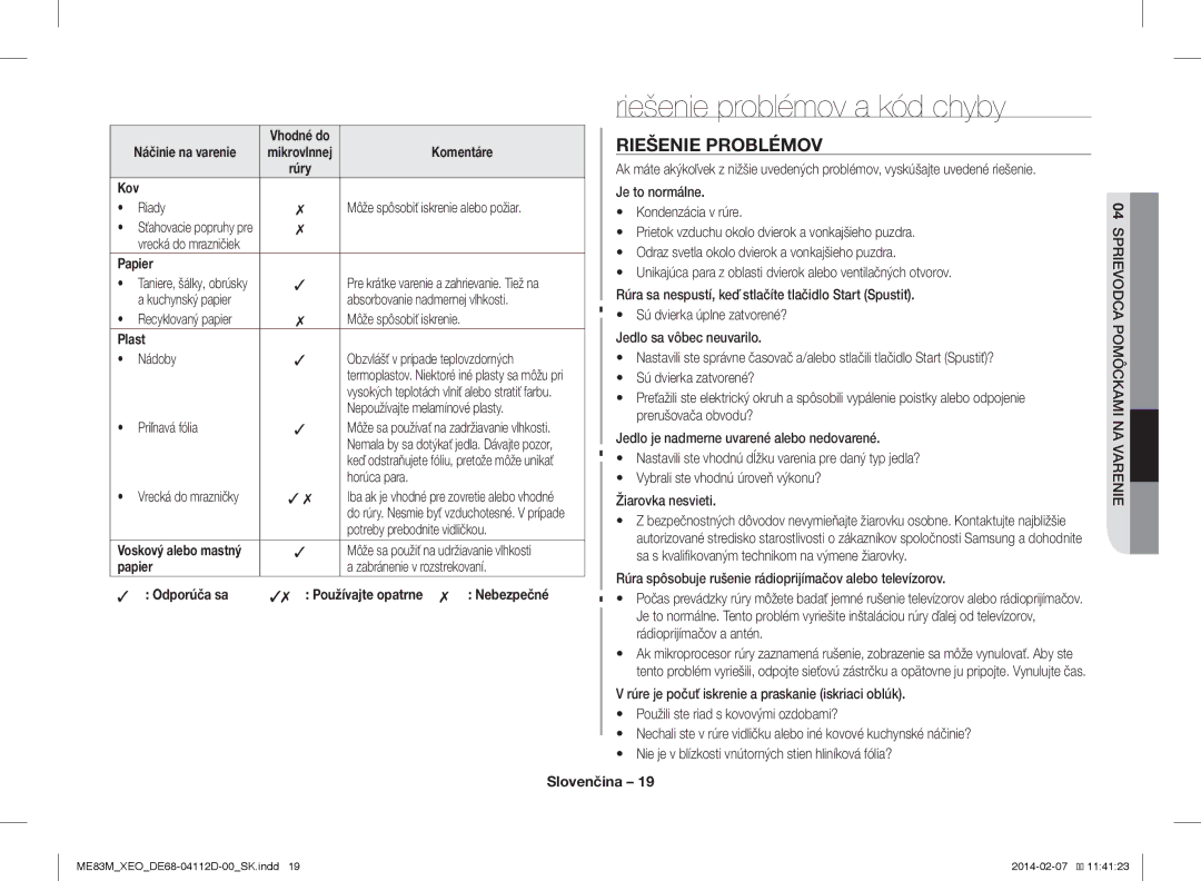 Samsung ME83M/XEO manual Riešenie problémov a kód chyby, Riešenie Problémov 