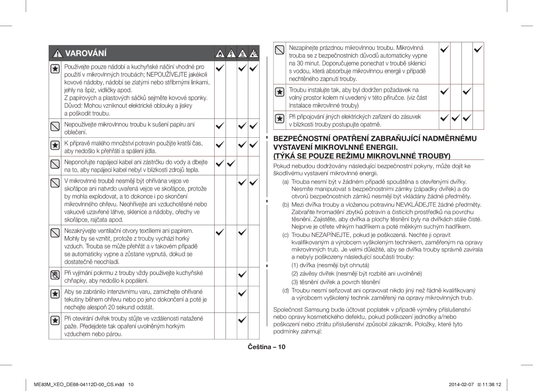 Samsung ME83M/XEO manual Varování 