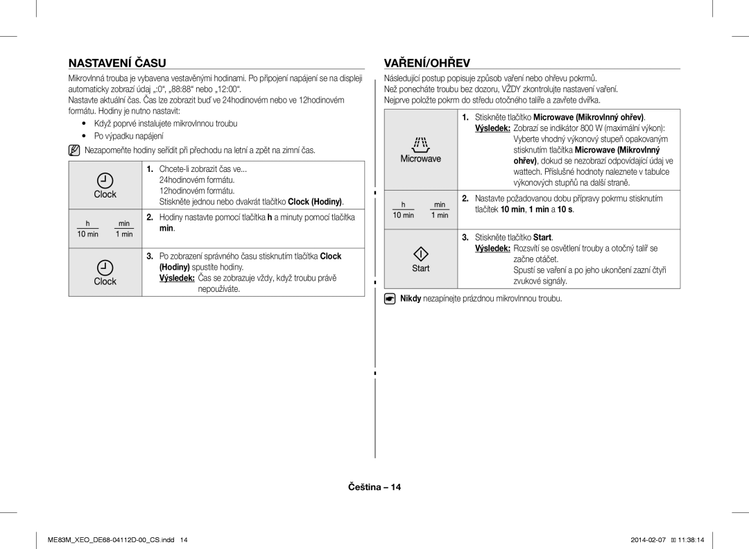 Samsung ME83M/XEO manual Nastavení Času, Vaření/Ohřev, Min 