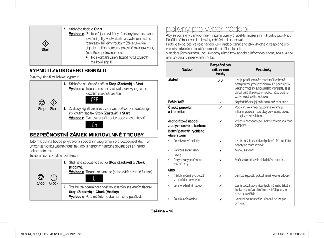 Samsung ME83M/XEO manual Pokyny pro výběr nádobí, Vypnutí Zvukového Signálu, Bezpečnostní Zámek Mikrovlnné Trouby 