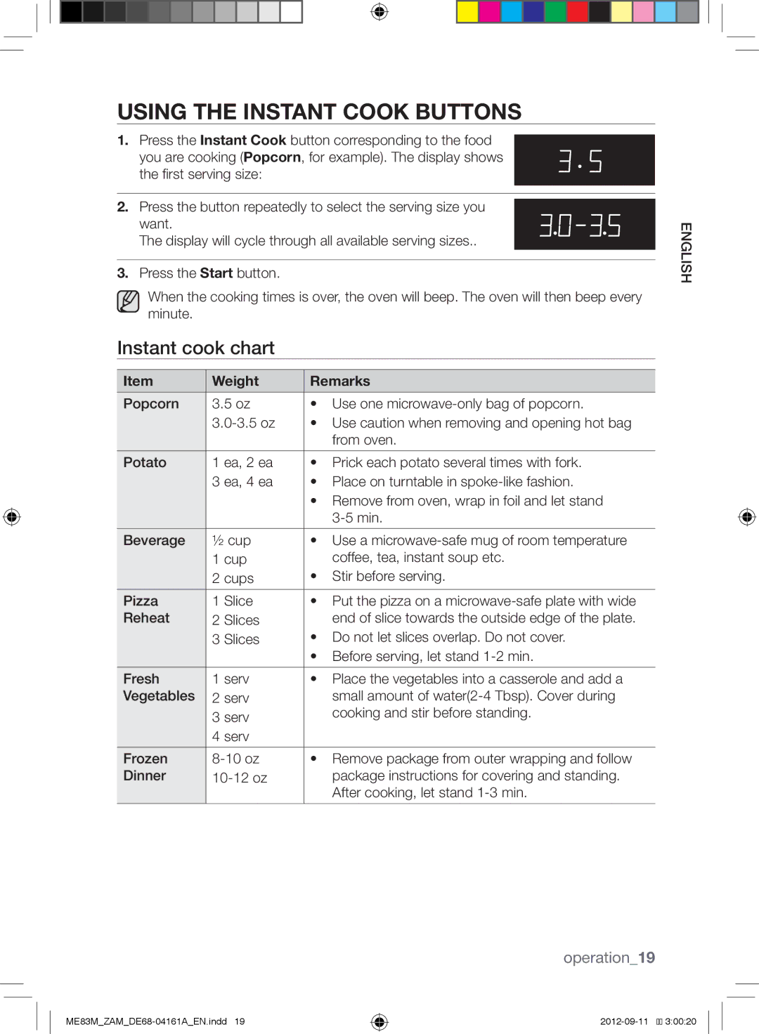 Samsung ME83M/ZAM manual Using the Instant Cook Buttons, Instant cook chart, Operation19, Weight Remarks 