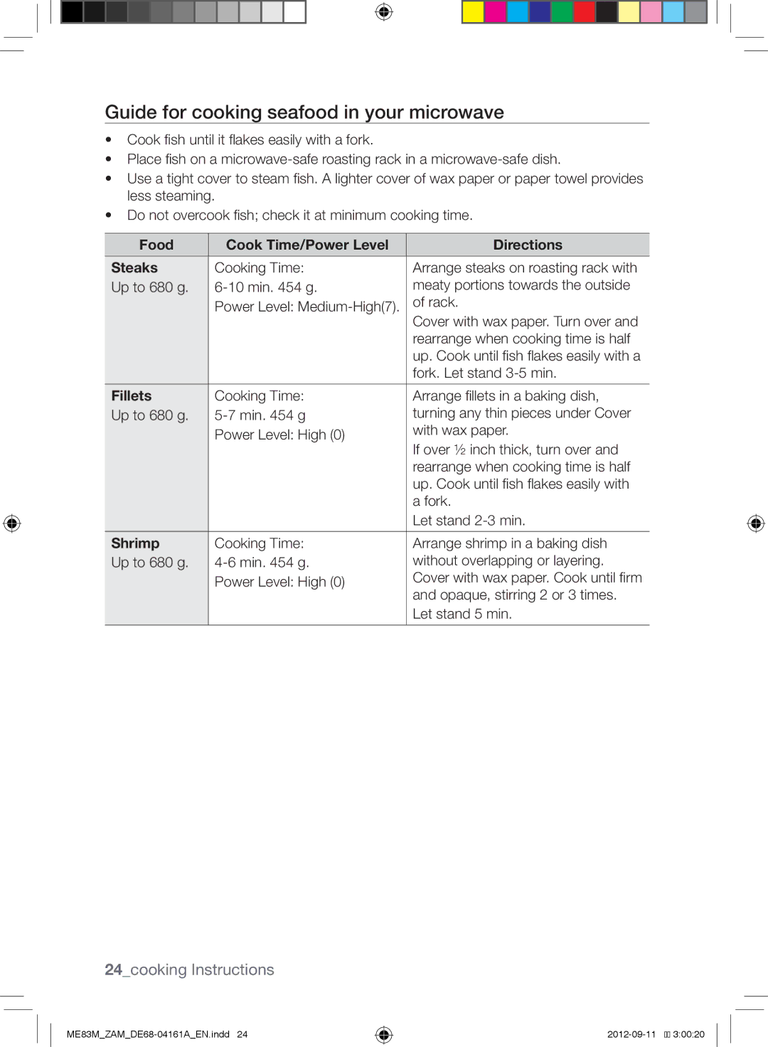 Samsung ME83M/ZAM manual Guide for cooking seafood in your microwave, 24cooking Instructions, Fillets, Shrimp 