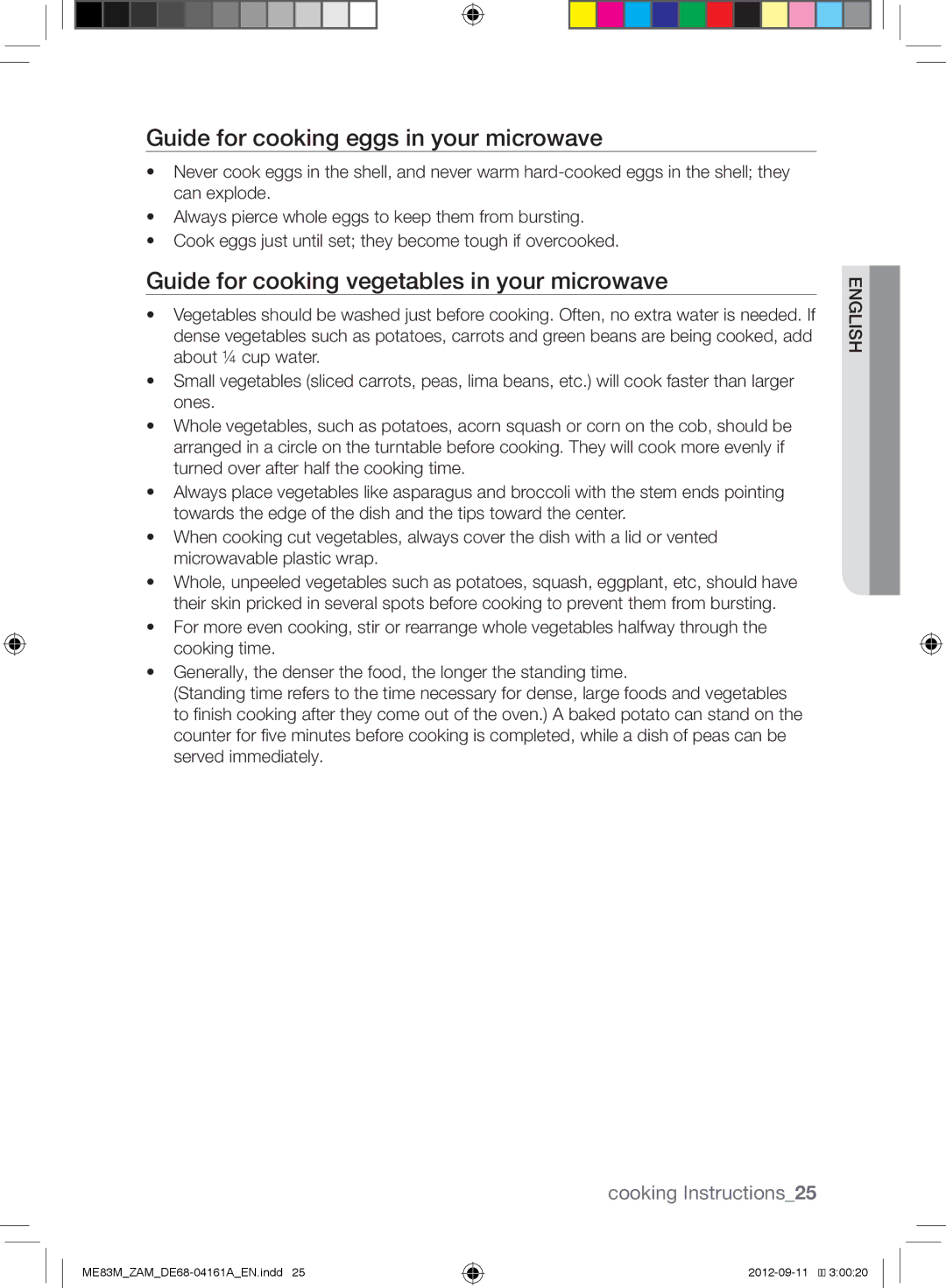 Samsung ME83M/ZAM manual Guide for cooking eggs in your microwave, Guide for cooking vegetables in your microwave 