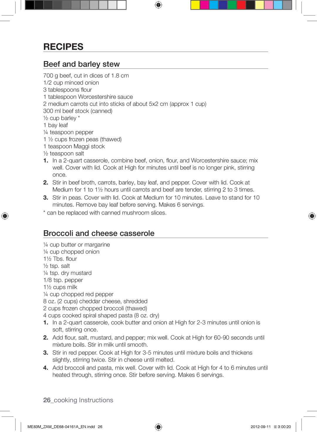 Samsung ME83M/ZAM manual Recipes, Beef and barley stew, Broccoli and cheese casserole, 26cooking Instructions 