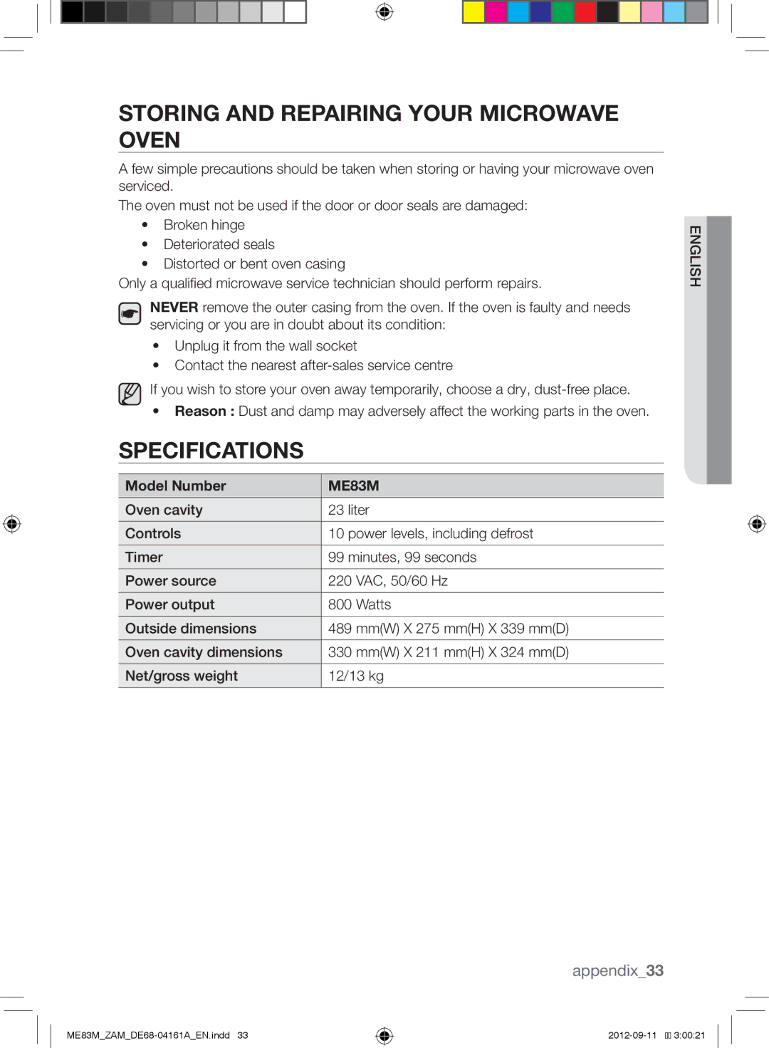 Samsung ME83M/ZAM manual Storing and Repairing Your Microwave Oven, Specifications, Appendix33, Model Number 