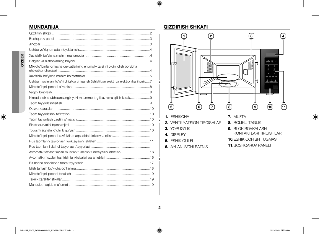 Samsung ME83XR/BWT manual Mundarija, Qizdirish Shkafi, Xavfsizlik boyicha muhim malumotlar 