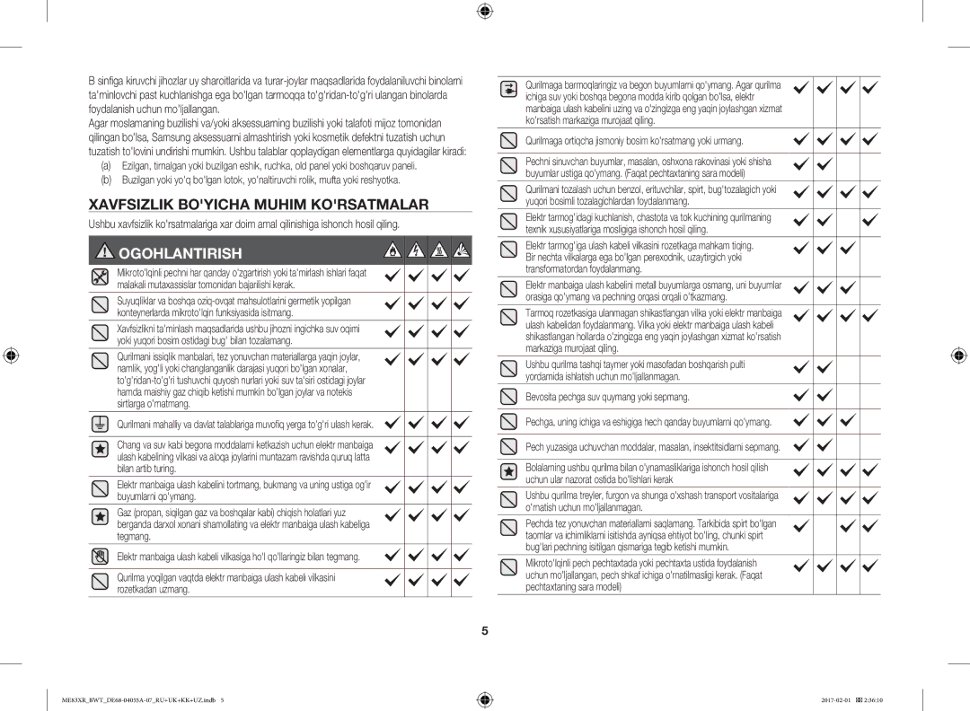 Samsung ME83XR/BWT manual Xavfsizlik Boyicha Muhim Korsatmalar, Ogohlantirish 