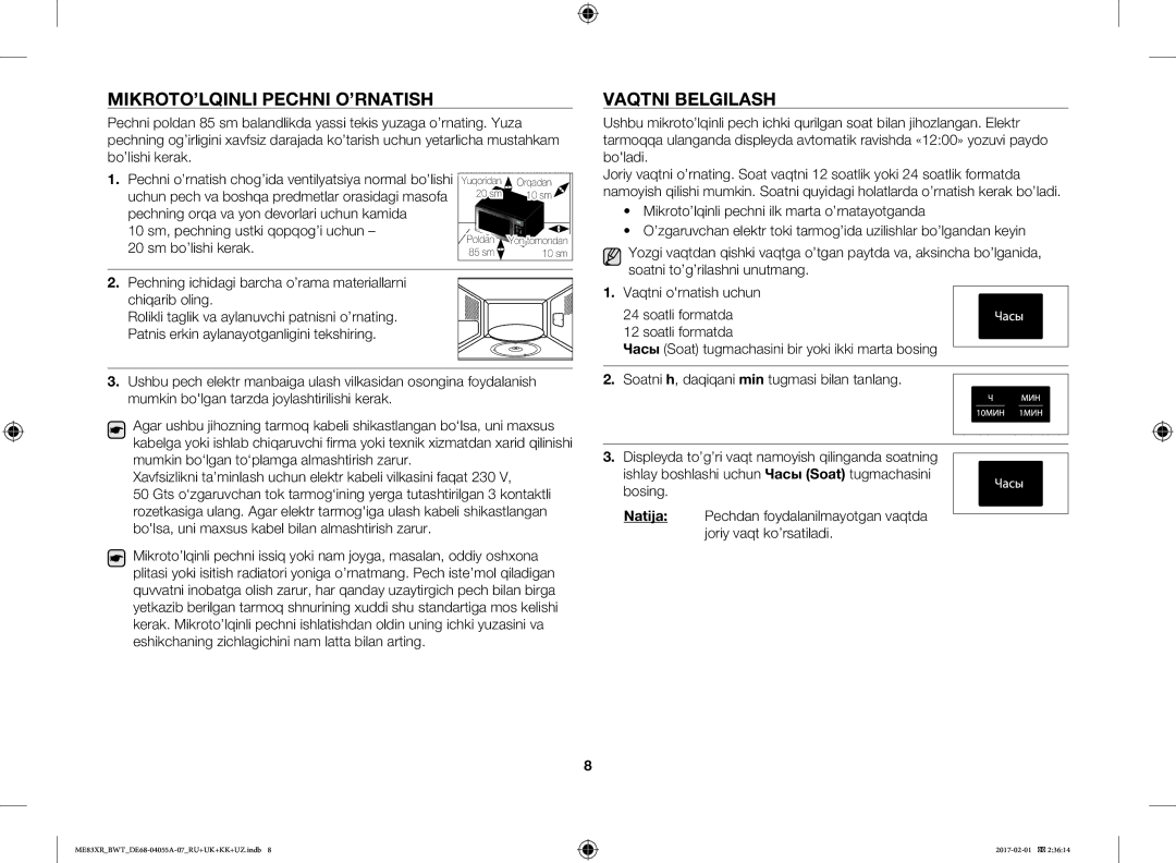 Samsung ME83XR/BWT manual MIKROTO’LQINLI Pechni O’RNATISH Vaqtni Belgilash, Mikroto’lqinli pechni ilk marta o’rnatayotganda 