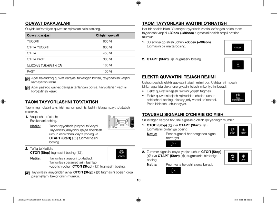 Samsung ME83XR/BWT manual Quvvat Darajalari, Taom Tayyorlashni TO’XTATISH, Taom Tayyorlash Vaqtini O’RNATISH 