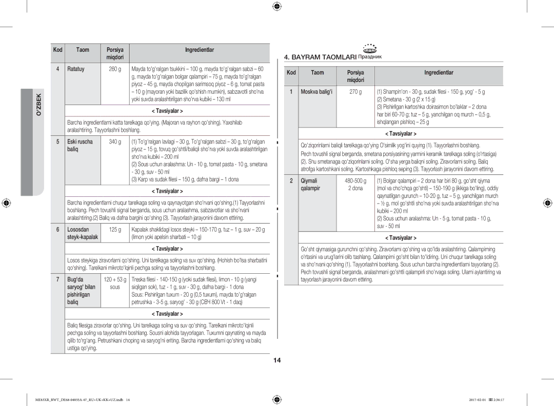 Samsung ME83XR/BWT manual Bayram Taomlari, Taom Porsiya Ingredientlar 