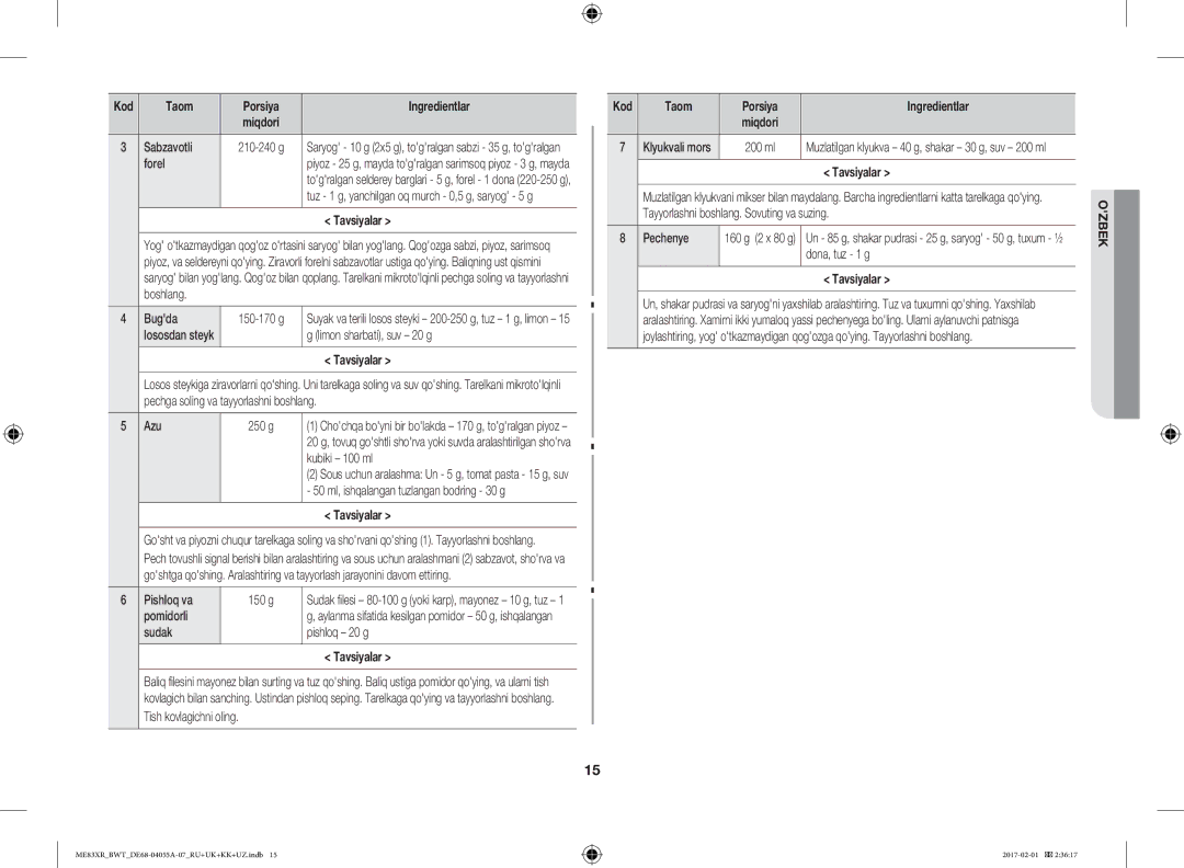 Samsung ME83XR/BWT manual Kod Taom Porsiya Ingredientlar 