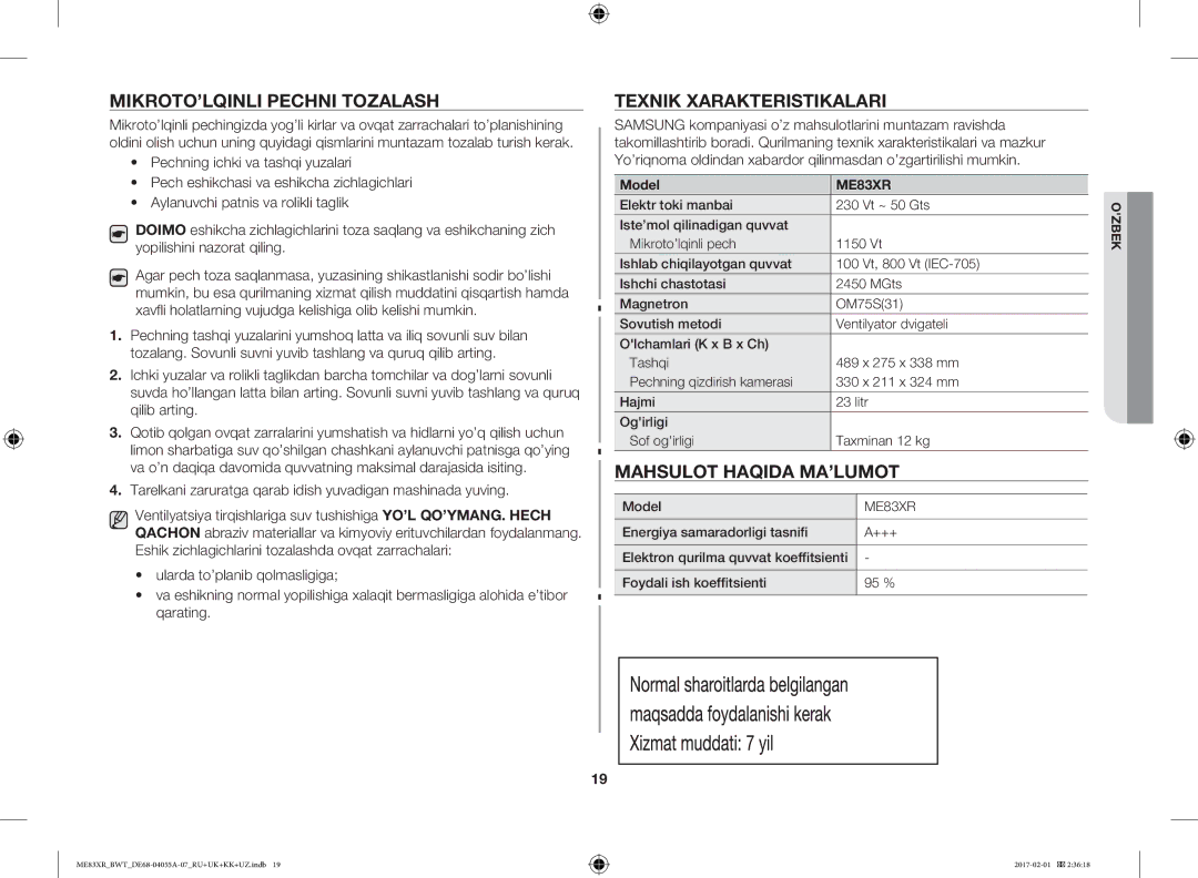 Samsung ME83XR/BWT manual MIKROTO’LQINLI Pechni Tozalash, Texnik Xarakteristikalari, Mahsulot Haqida MA’LUMOT, Model 