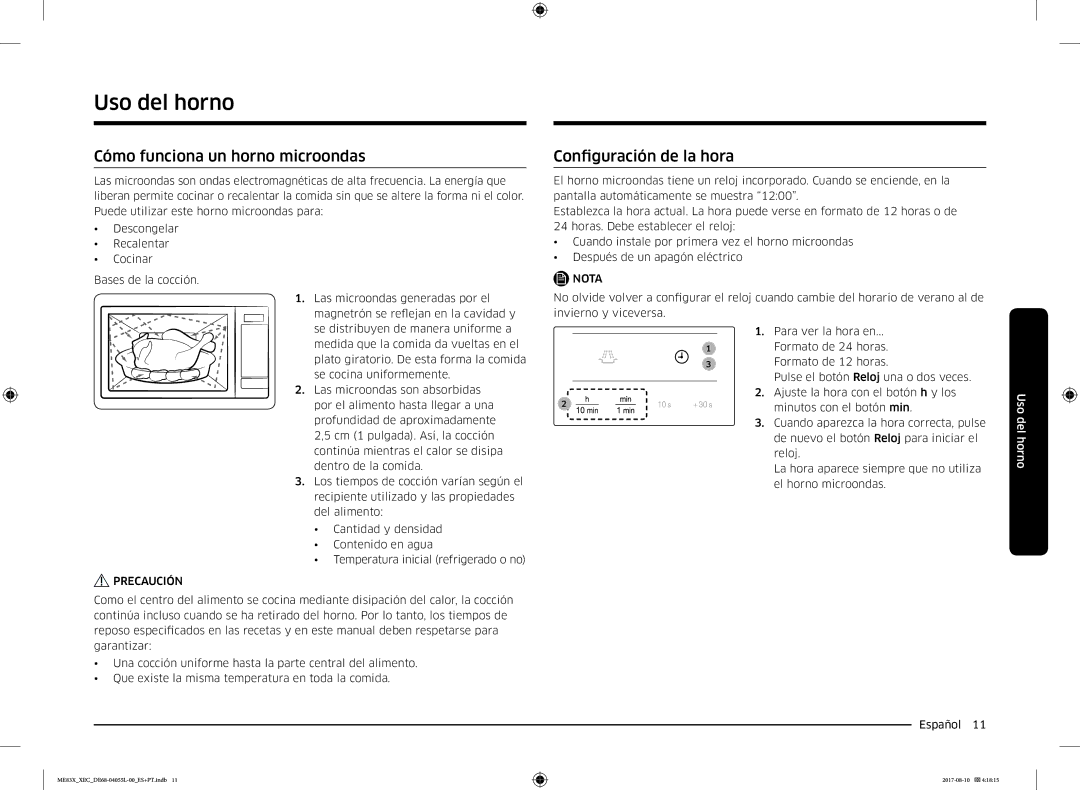 Samsung ME83X/XEC manual Uso del horno, Cómo funciona un horno microondas, Configuración de la hora 