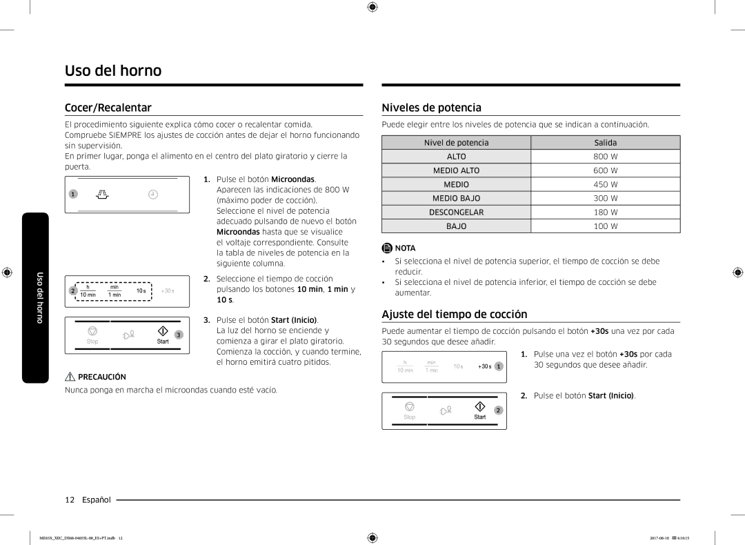 Samsung ME83X/XEC manual Cocer/Recalentar, Niveles de potencia, Ajuste del tiempo de cocción 