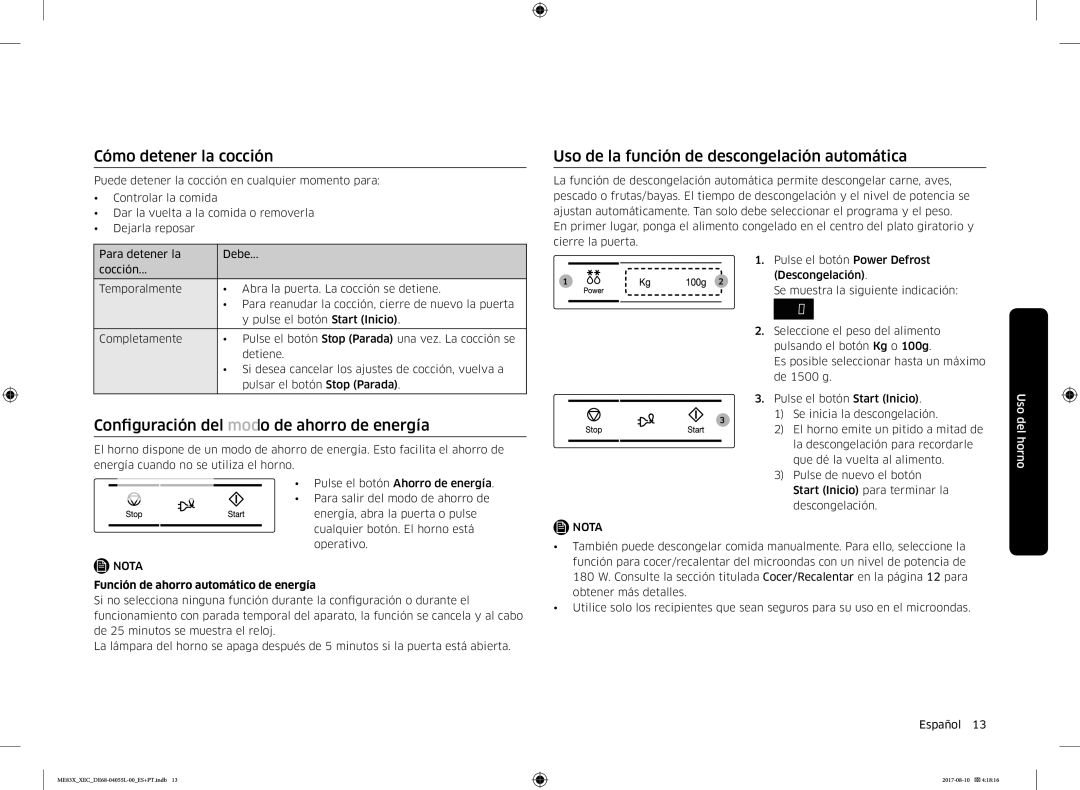 Samsung ME83X/XEC manual Cómo detener la cocción, Uso de la función de descongelación automática 