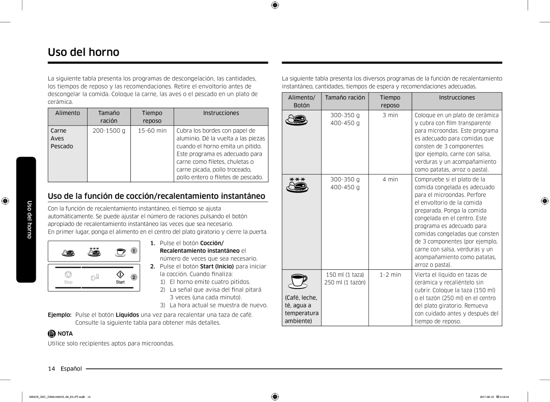 Samsung ME83X/XEC manual Uso de la función de cocción/recalentamiento instantáneo 