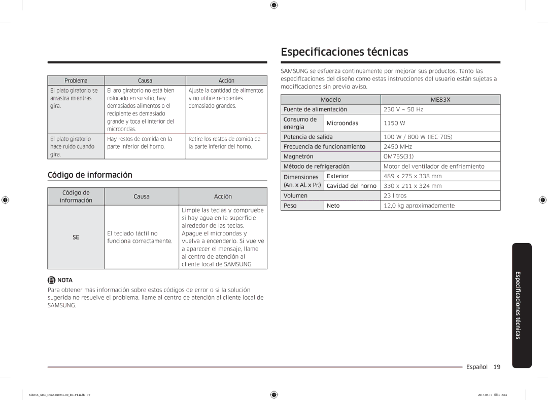 Samsung ME83X/XEC manual Especificaciones técnicas, Código de información 