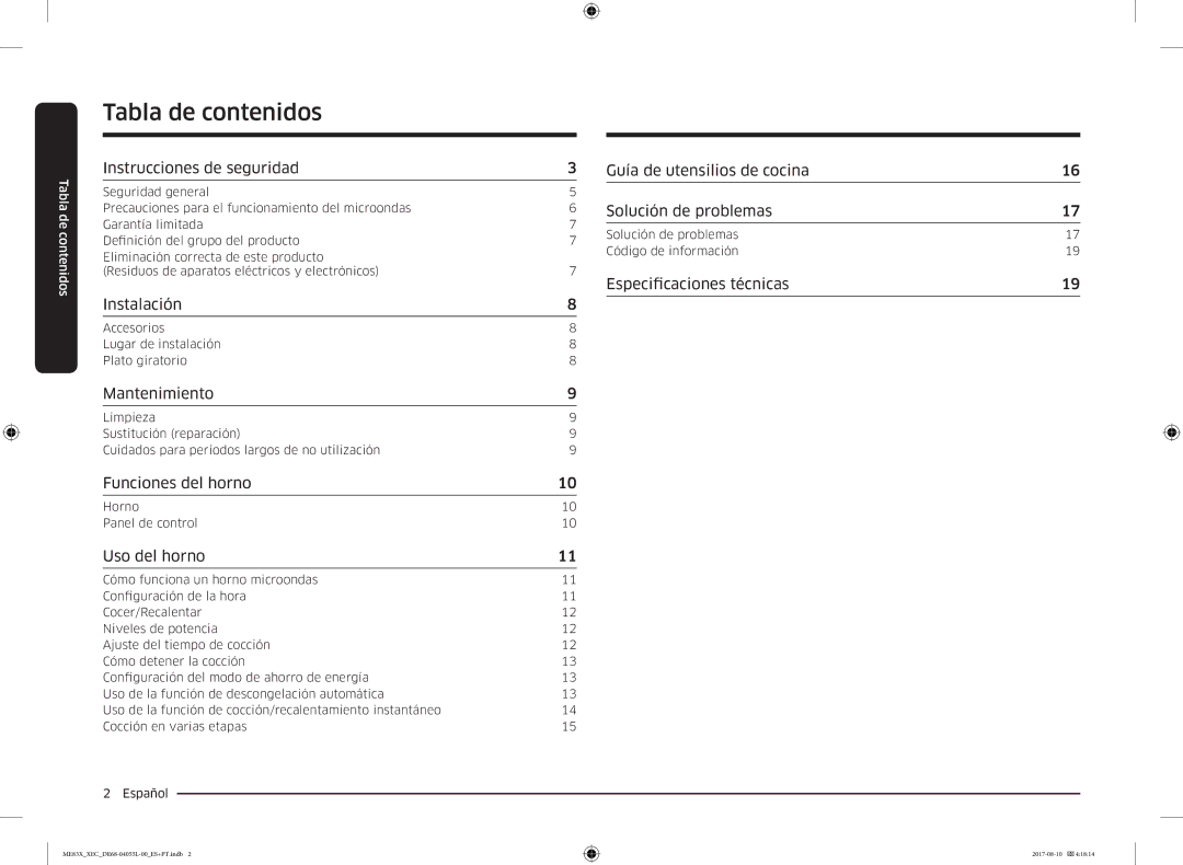 Samsung ME83X/XEC manual Tabla de contenidos, Instrucciones de seguridad 