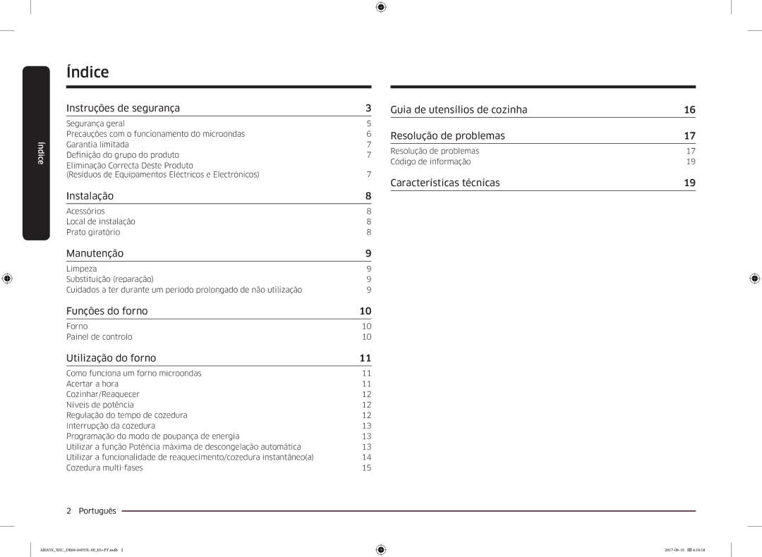 Samsung ME83X/XEC manual Índice, Instruções de segurança 