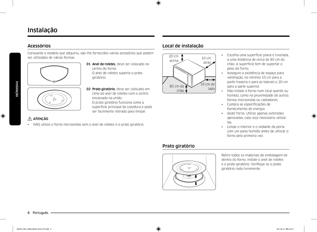 Samsung ME83X/XEC manual Instalação, Acessórios, Local de instalação, Prato giratório 