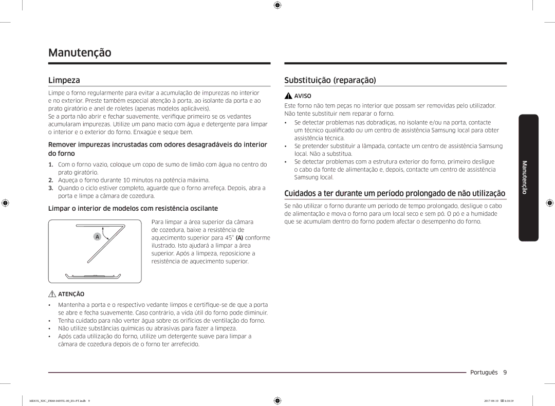 Samsung ME83X/XEC manual Manutenção, Limpeza, Substituição reparação 