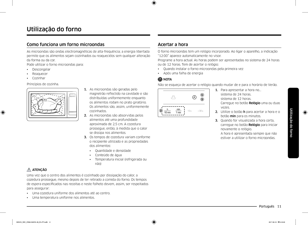 Samsung ME83X/XEC manual Utilização do forno, Como funciona um forno microondas, Acertar a hora 