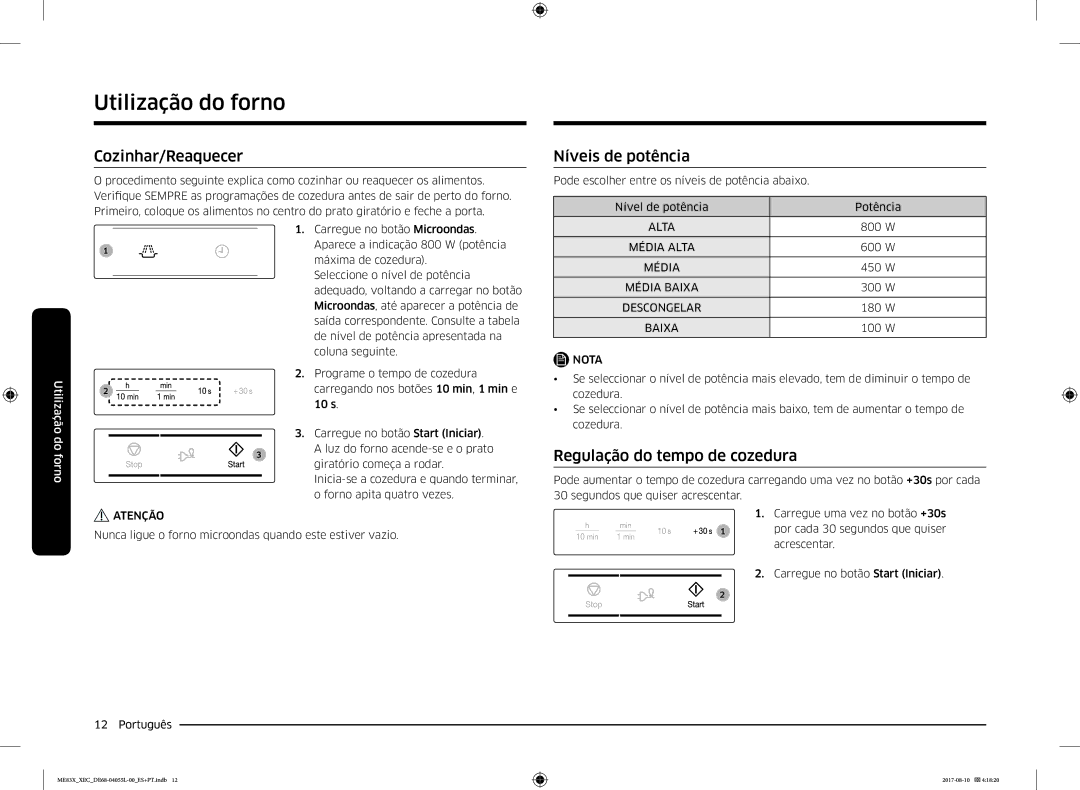 Samsung ME83X/XEC manual Cozinhar/Reaquecer, Níveis de potência, Regulação do tempo de cozedura 