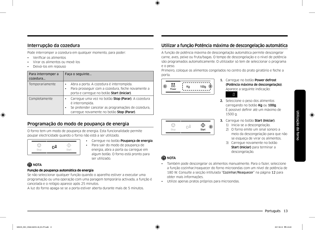 Samsung ME83X/XEC manual Interrupção da cozedura, Programação do modo de poupança de energia 