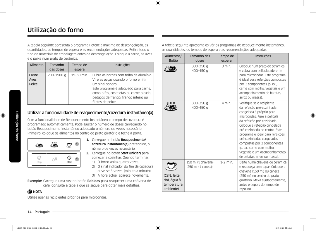 Samsung ME83X/XEC manual Min Deite numa chávena de cerâmica 