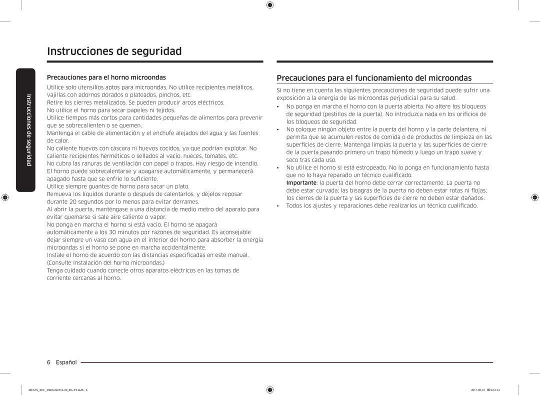 Samsung ME83X/XEC manual Precauciones para el funcionamiento del microondas, Precauciones para el horno microondas 