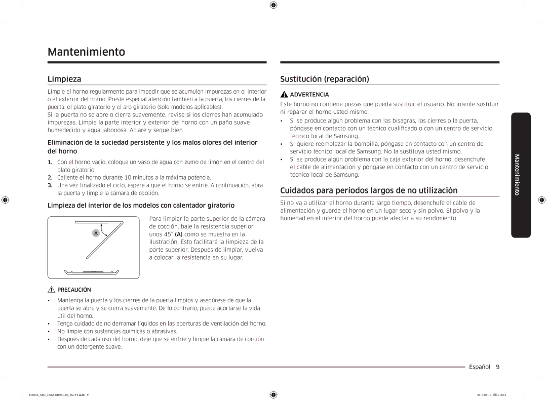 Samsung ME83X/XEC manual Mantenimiento, Limpieza, Sustitución reparación, Cuidados para períodos largos de no utilización 