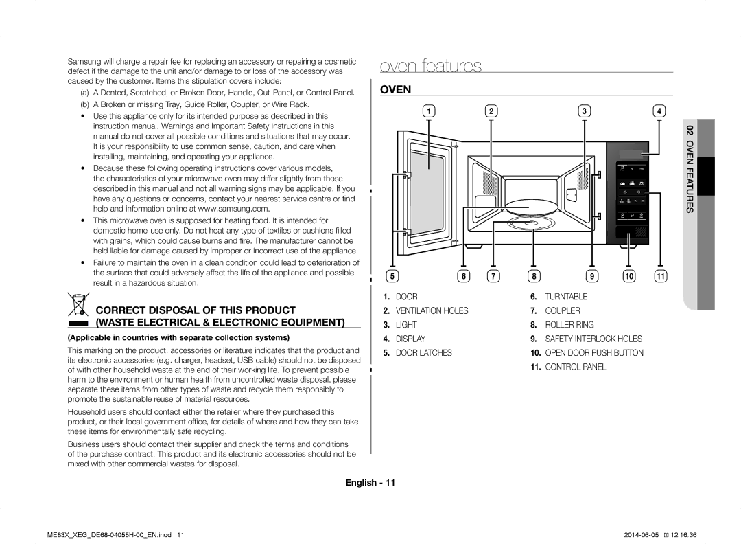 Samsung ME83X/XEO, ME83X/XEG manual Oven Features 