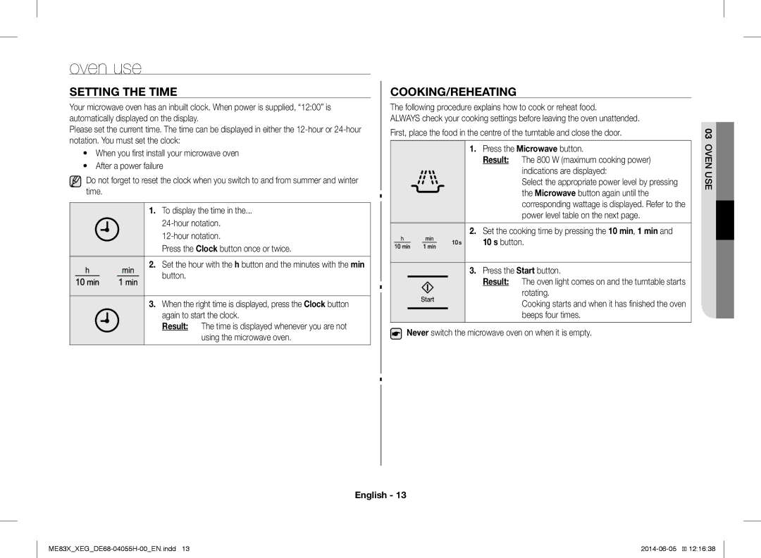 Samsung ME83X/XEO Oven use, Setting the Time, Cooking/Reheating, Following procedure explains how to cook or reheat food 