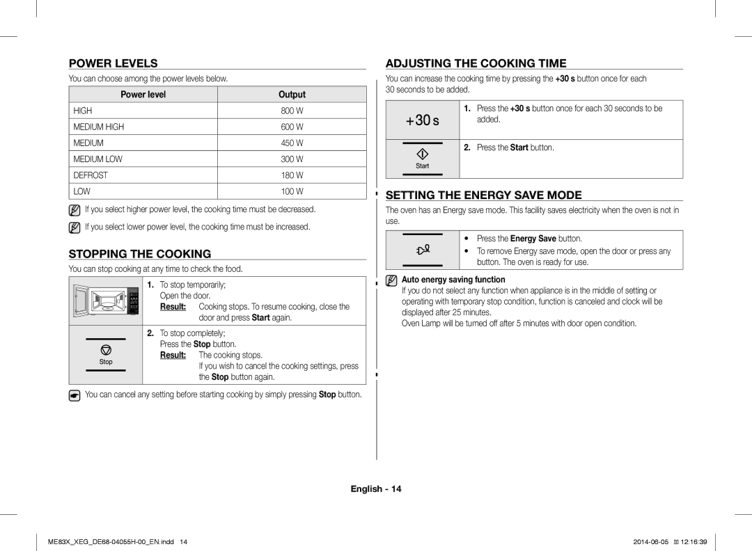 Samsung ME83X/XEG, ME83X/XEO Power Levels, Stopping the Cooking, Adjusting the Cooking Time, Setting the Energy Save Mode 