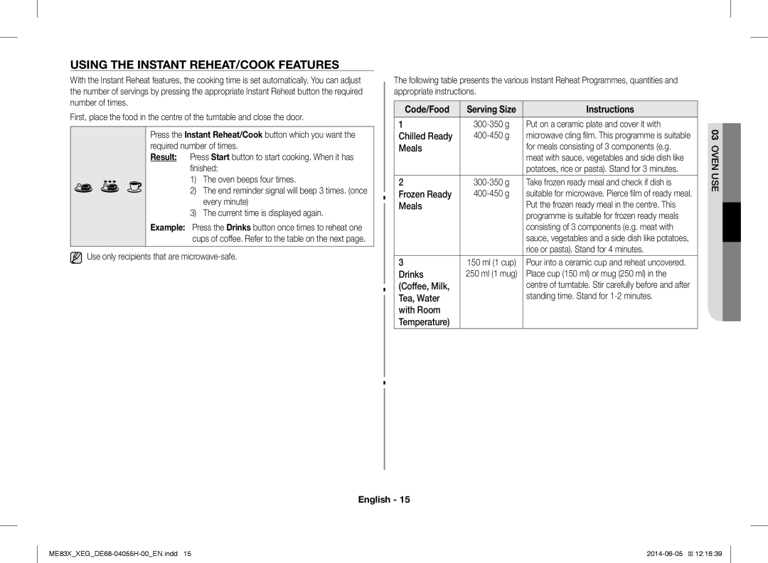 Samsung ME83X/XEO, ME83X/XEG manual Using the Instant REHEAT/COOK Features, Code/Food Serving Size 