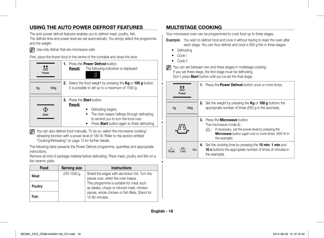 Samsung ME83X/XEG, ME83X/XEO manual Using the Auto Power Defrost Features, Multistage Cooking, Result, Food, Instructions 